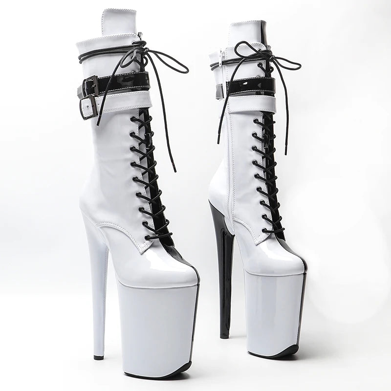 Leecabe 23CM/9inches Patent upper white color   with black color  Two color Mix Sexy boots  High Heels Platform Pole Dance shoes