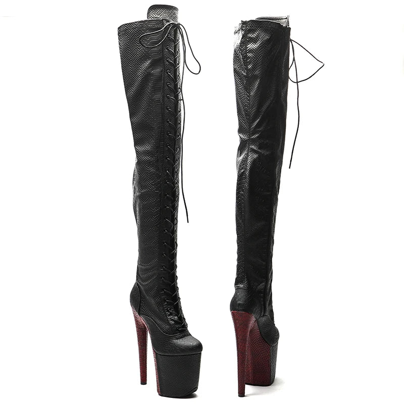 Leecabe 20CM/8 zoll Matte PU Schlange obermaterial Zwei farbe Mix farbe High Heel plateaustiefel geschlossene spitze Pole Dance stiefel