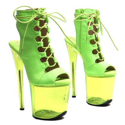 Leecabe 20CM/8 pouces Tige pailletée Tendance Mode Bout ouvert Transparent Couleur verte Talon haut Pole Dance Bottes