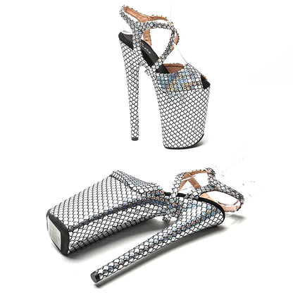 Leecabe 23CM/9inches Silver color PU upper fashion trend exotic Platform Sexy  High Heels Sandals Pole Dance shoes