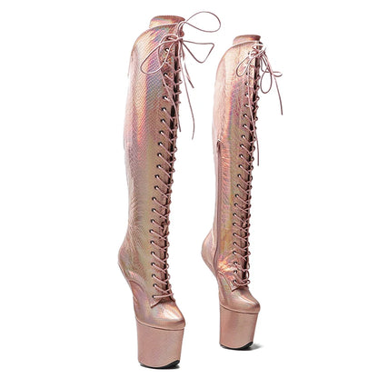 Leecabe Shiny Snake Upper sexy exotique jeune tendance mode bottes talon haut plate-forme talon sans talon Pole Dance boot