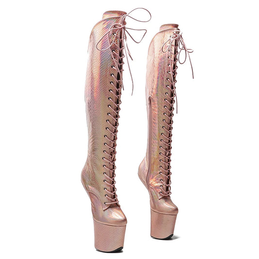 Leecabe Shiny Snake Upper sexy exotique jeune tendance mode bottes talon haut plate-forme talon sans talon Pole Dance boot