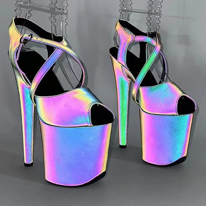 Leecabe 8 Zoll/20 cm Nachtlicht Holografische reflektierende Plateau-Sandalen Party High Heels Schuhe Pole Dance Schuhe