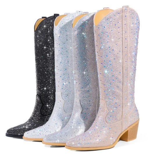 2023 Bestickte Nieten-Kniestiefel 44 Strass spitze Damenstiefel Leder Autonähte Chelsea Boot Fashion Show Glänzende Stiefel