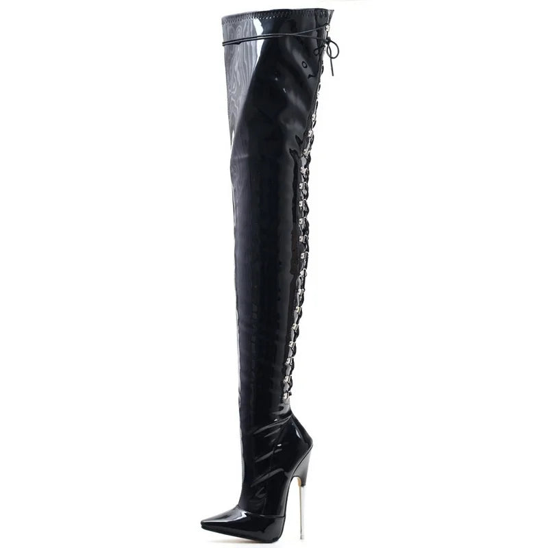 Bottes hautes pour femmes CACA, chaussures de pole dance pour hommes, lacets sexy dans le dos, longues bottes croisées, cuir verni, personnalisées, livraison directe