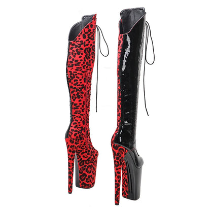 Leecabe 23CM/9 pouces Noir verni avec léopard rouge mode dame talon haut plate-forme Pole Dance bottes