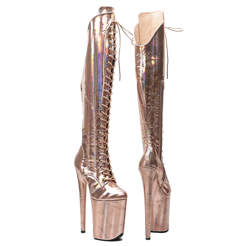 Leecabe 23CM/9 pouces matériau brillant PU mode dame talon haut plate-forme bottes de pole dance