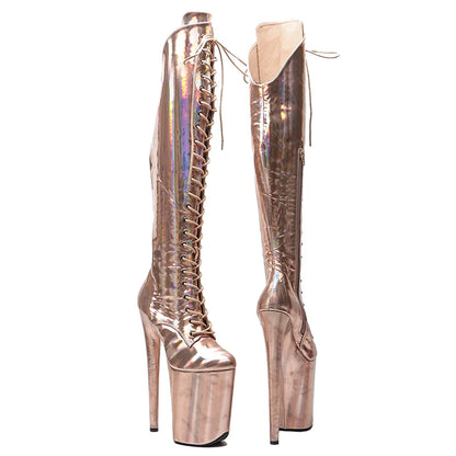 Leecabe 23CM/9 pouces matériau brillant PU mode dame talon haut plate-forme bottes de pole dance