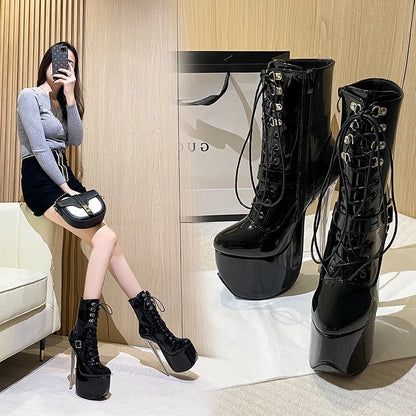 Mode Sexy Ritter Weibliche 8 Zoll High Heel Plattform Stiefeletten für Frauen Herbst Winter Schuhe 20cm Schwarz Pole Dance Stiefel Neue