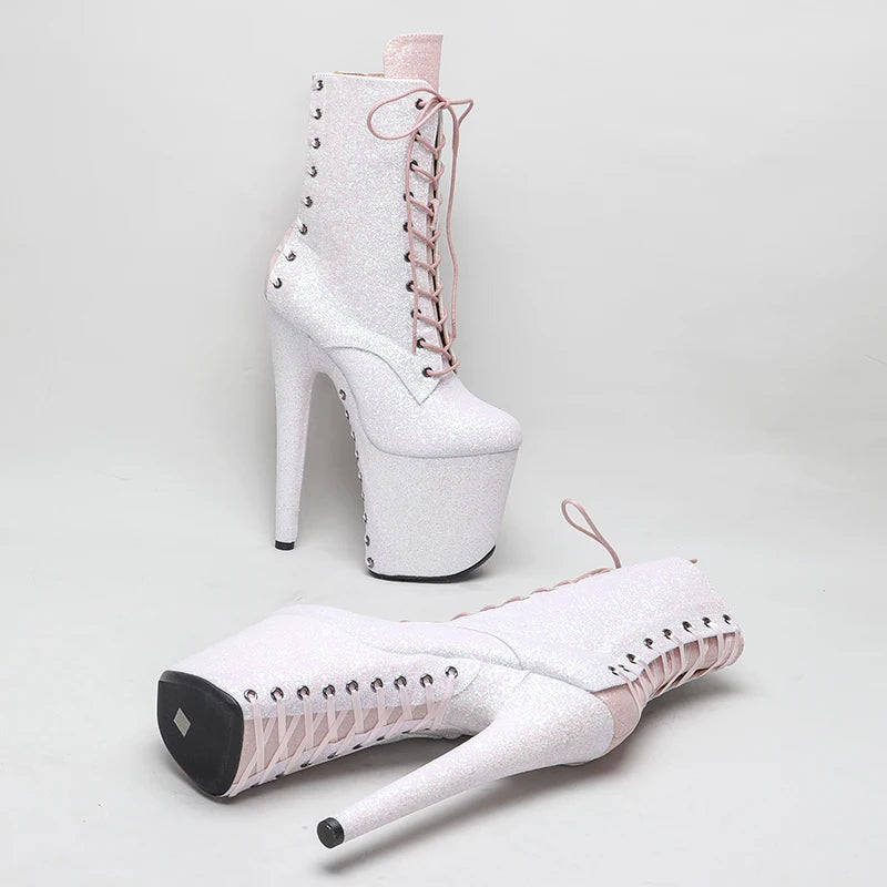 Leecabe 20CM/8 pouces Glitter Upper couleur blanche avec couleur rose Plateforme tendance mode Pole Dance Boot