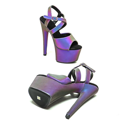 Leecabe 17CM/7inch Night light  holographic PU Sandals Pole Dancing Shoes High Heels Shoes Nightclub Dance Shoes