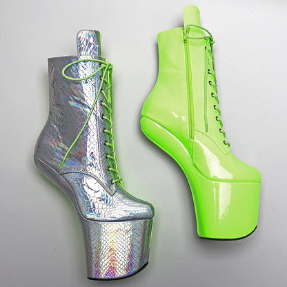 Leecabe PU Upper Silver avec des bottines à plateforme de couleur verte Chaussures de pole dance exotiques sexy sans talons