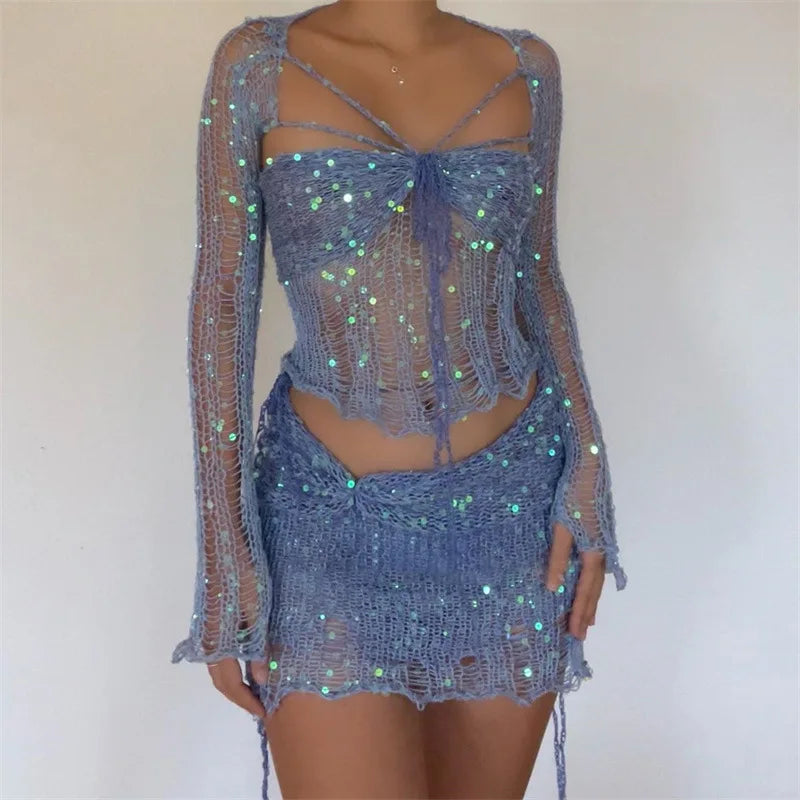 Crochet Knitted Dress Two Piece Skirt Sets 2023 Summer Women Clothes Sexy Crop Tops Elegant Knit Sequin Dress 3 Piece Set Outfit