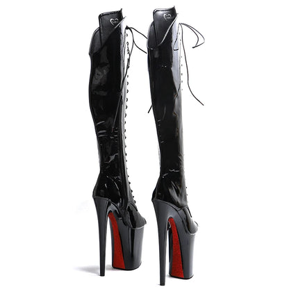 Leecabe 23CM/9 pouces PU verni bout ouvert mode dame paillettes rouges talon haut plate-forme bottes de pole dance