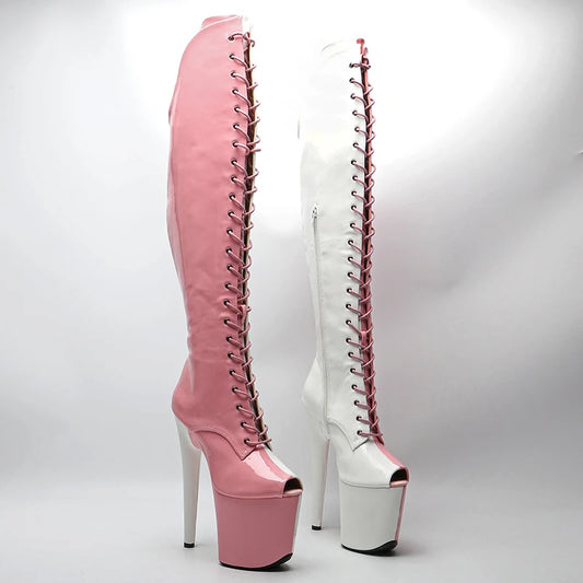 Leecabe 20CM/8inches Patent upper pink with white color High Heel platform  Open  toe Pole Dance boots