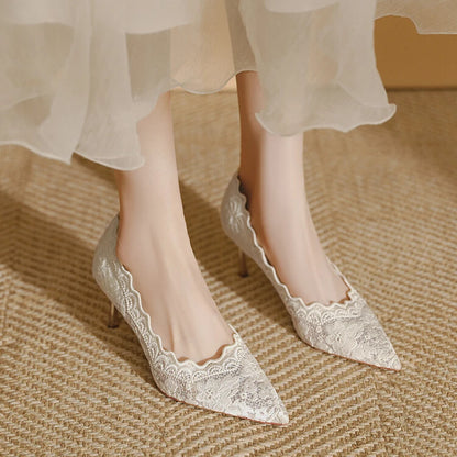 Embroidered Bridal Shoes Wedding Shoes Retro French Sandals 6.5cm High Heels Single Shoes Thin Heels Banquet Pointed Pumps 34-39