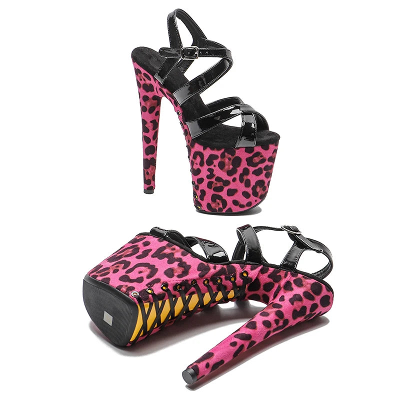 Leecabe 8Inch/20cm Patent  Leopard  lace up Platform Sandals  party High Heels Shoes Pole Dancing Shoes