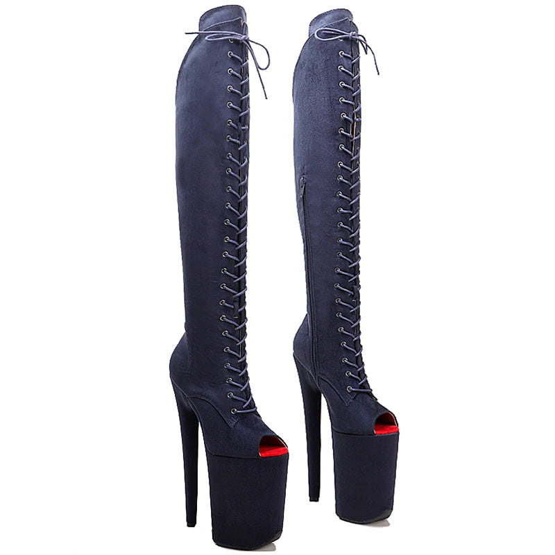 Leecabe Sexy Stiefel aus Wildleder 23CM/9 Zoll Offene Zehen High Heels Plateau Pole Dance Schuhe