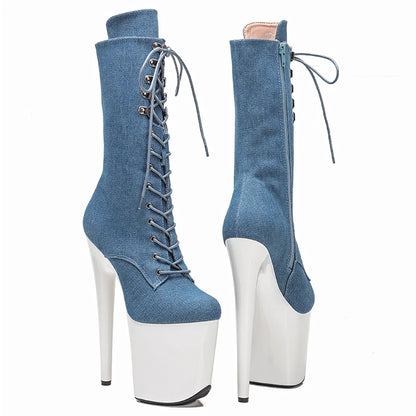 Leecabe   20CM/8inches White  platform with denim upper  High Heel platform Pole Dance boots