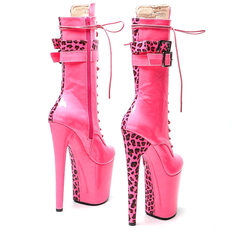 Leecabe 20cm/8 pouces PU verni avec dessus léopard mode talon haut plateforme bottes de pole dance