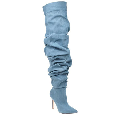 2023 Over Knee Pleated Denim Boots Europe and America 35-43 Fashion  New Pointed Boots Autumn Women's Suede High-heeled Boots