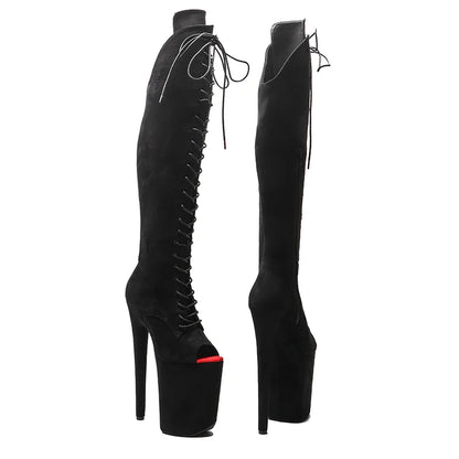 Leecabe Sexy Stiefel aus Wildleder 23CM/9 Zoll Offene Zehen High Heels Plateau Pole Dance Schuhe