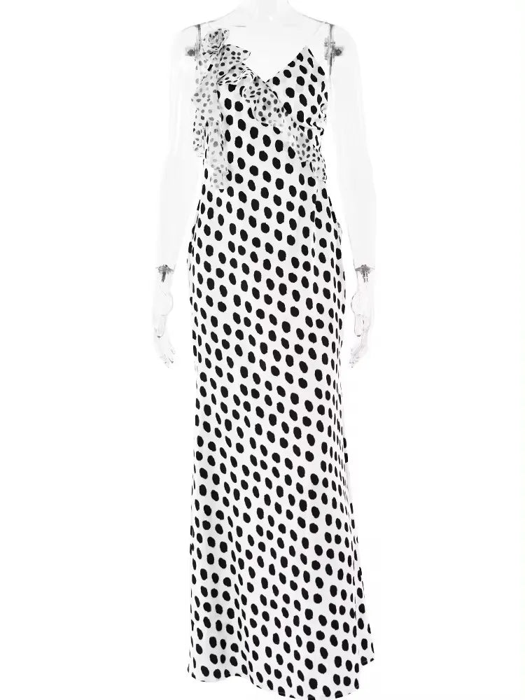 JULISSA MO Sexy Rückenfrei Print Dots Flower Damen Maxikleid Spaghettiträger Abendkleid Herbst Skinny Elegant Party Clubwear