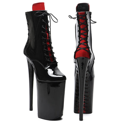 Leecabe 26CM/10 pouces Tige en cuir verni Noir avec des chaussures de soirée à talons hauts exotiques sexy rouges Botte de pole dance