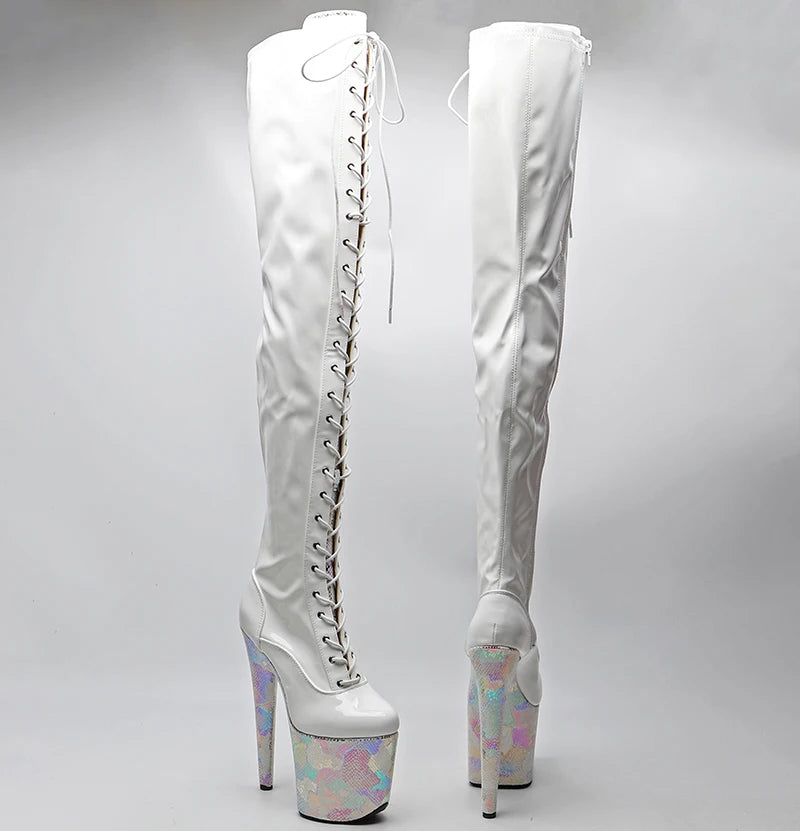 Leecabe 20CM/8 pouces Tige en PU verni brillant avec plateforme à talons hauts en PU serpent Bottes de pole dance