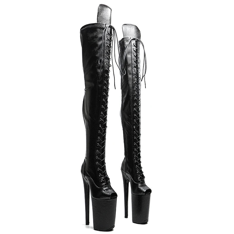 Leecabe 23CM/9 Zoll Schlangenleder PU Obermaterial offene Spitze Modetrend Plateau High Heel Stripperabsatz Pole Dance Stiefel