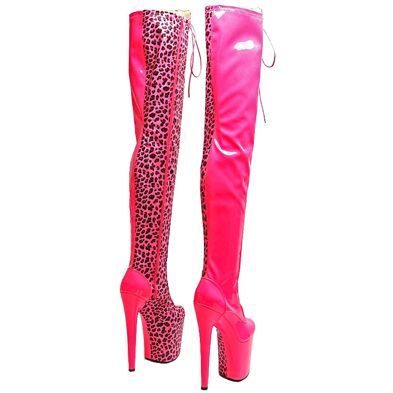 Leecabe 20CM/8 pouces PU verni brillant avec léopard Bottes à talons hauts à la mode et sexy Bottes de pole dance