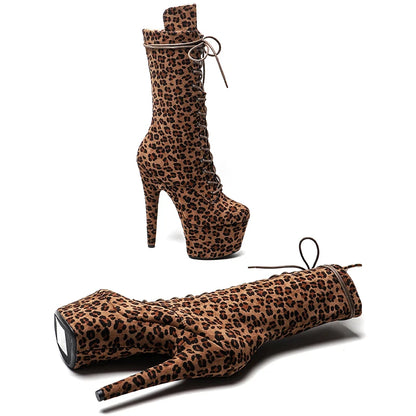 Leecabe Leopard suede materials 17CM/7inches Pole dancing shoes High Heel platform Boots closed toe Pole Dance boots