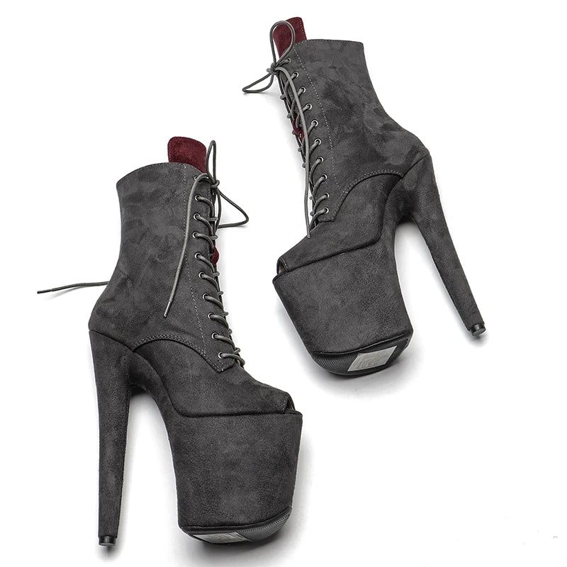 Leecabe  Grey suede with RED touge 20CM/8inches  High Heel platform  open toe Pole Dance boots