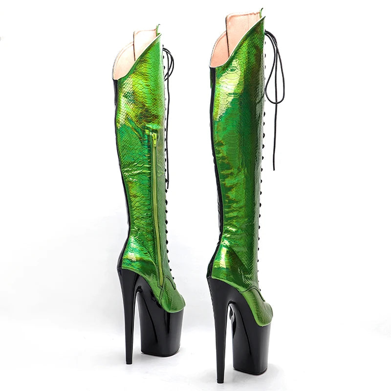 Leecabe 20CM/8Inch Black with green Upper open toe  Platform disco party High Heels Shoes Pole Dance boot