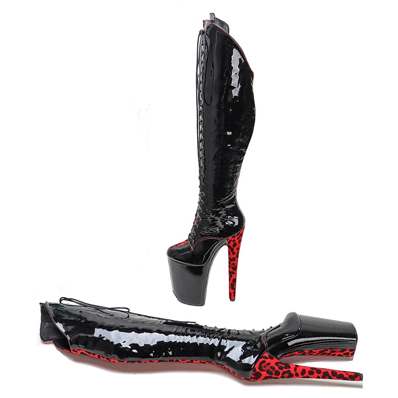 Leecabe 23CM/9 pouces Noir verni avec léopard rouge mode dame talon haut plate-forme Pole Dance bottes