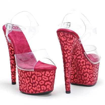 Leecabe 17CM/7inch  PVC upper high heel red Leopard suede platform sexy lady pole dancing sandals ladies shoes