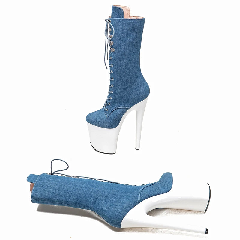 Leecabe   20CM/8inches White  platform with denim upper  High Heel platform Pole Dance boots