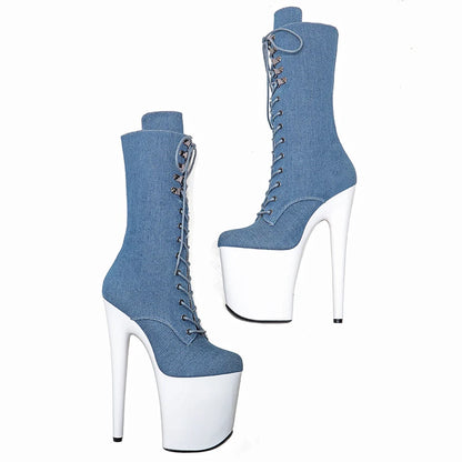 Leecabe   20CM/8inches White  platform with denim upper  High Heel platform Pole Dance boots