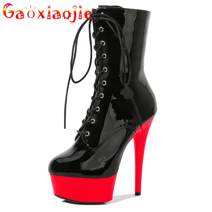 Chaussures de défilé sexy 2022 talons à bout rond Stripper Pole Dance plateforme hologramme femmes bottines 15 cm à lacets bottes romaines pour femmes