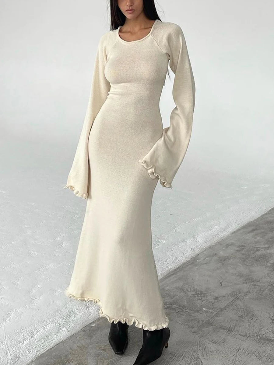 schickes und elegantes Damen-Strickkleid mit langen Ärmeln, figurbetontes Kleid, rückenfrei, Rundhalsausschnitt, einfarbig, Rüschenbesatz, langes Strandkleid