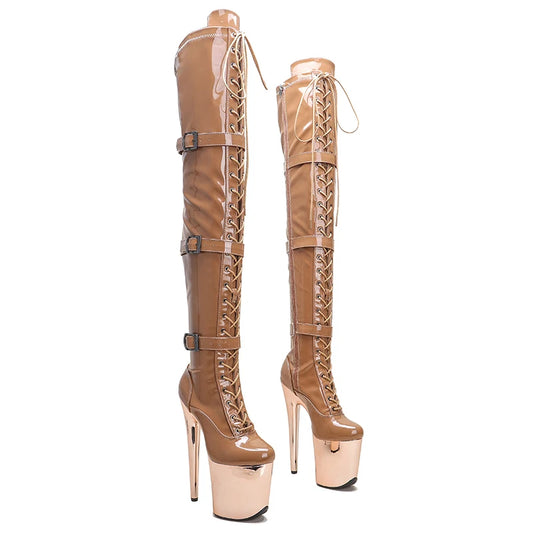 Leecabe 20CM/8 pouces bottes à talons hauts en cuir verni à bout fermé au-dessus du genou bottes de pole dance