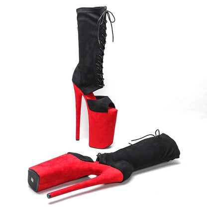 Leecabe 26CM/10 pouces noir avec tige en daim rouge sexy exotique talon haut plate-forme fête bout ouvert chaussures Pole Dance boot