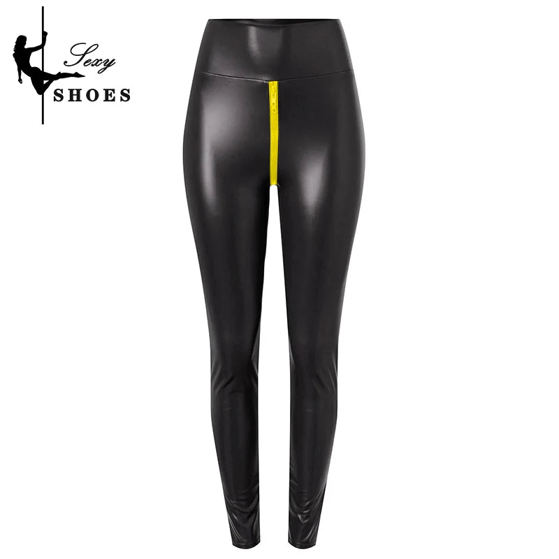 Pantalon short sexy en similicuir noir mat à entrejambe ouvert pour femme, pantalon moulant exotique, effet mouillé, slim, boîte de nuit, fermeture éclair personnalisée