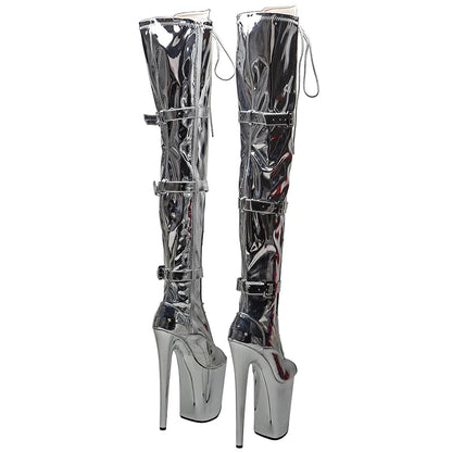 Leecabe 23CM/9 zoll Shiny PU offene spitze mode dame High Heel plateau Pole Dance stiefel