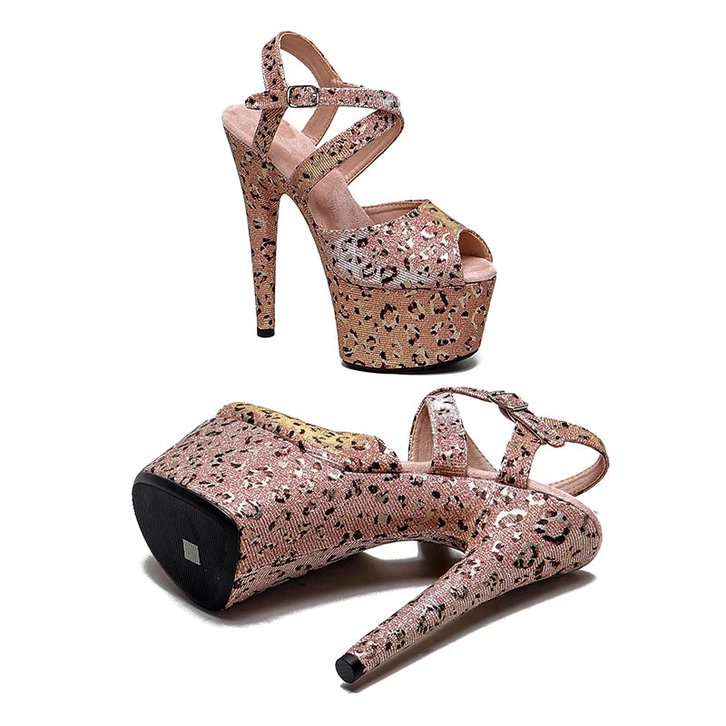 Leecabe 17cm/7inch Leopard Glitter Upper  high heel platform pole dance sandals  shoes