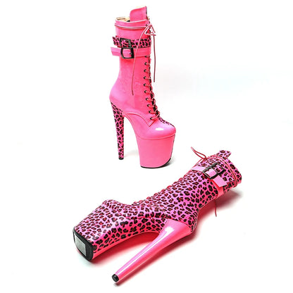 Leecabe 20cm/8 pouces PU verni avec dessus léopard mode talon haut plateforme bottes de pole dance