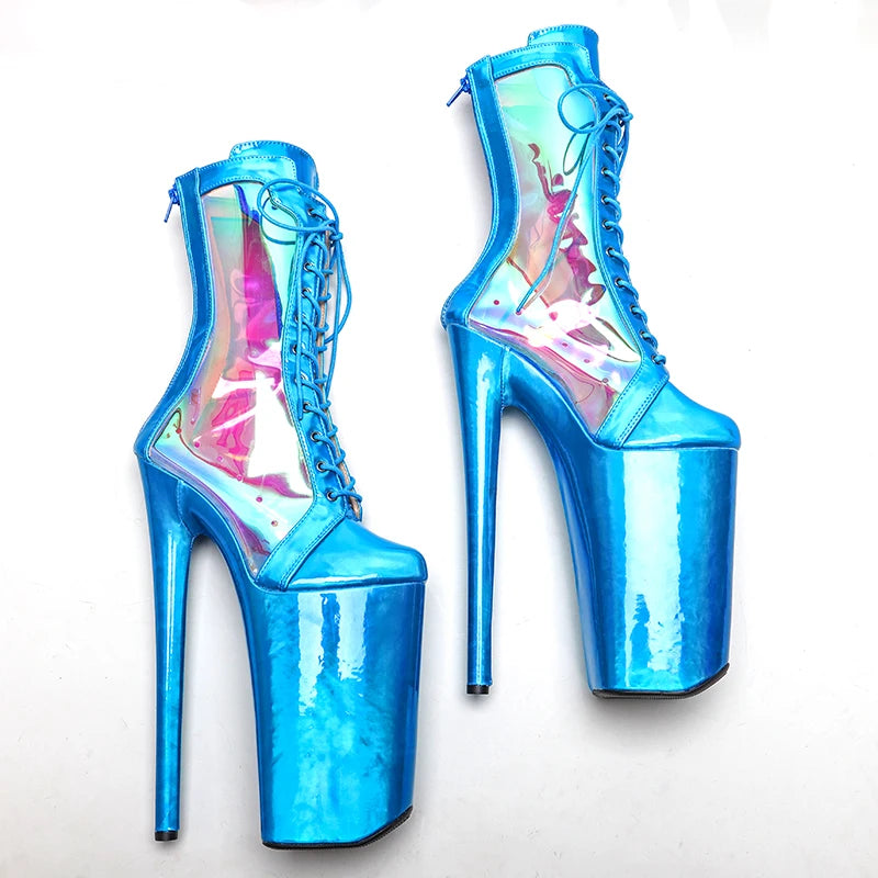 Leecabe 26CM/10 pouces Tige en PU brillant avec holographie transparente sexy exotique plateforme à talons hauts Pole Dance boot