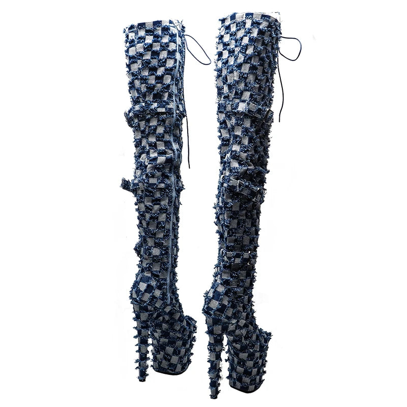 Leecabe 20CM/8inche Bottes à plateforme à talons hauts en denim Bottes de pole dance