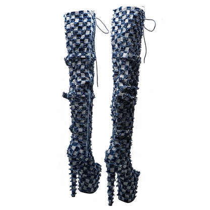 Leecabe 20CM/8inche Bottes à plateforme à talons hauts en denim Bottes de pole dance