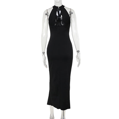 European And American Style Hanging Neck Slit Temperament Dress Autumn New Sexy Backless Slim Fit Long Dress  YJ24232MHOS